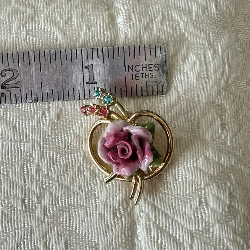 Set of 2 Vintage Coro Ceramic Pink Rose Brooches Rhinestone Gold Tone Floral Pin